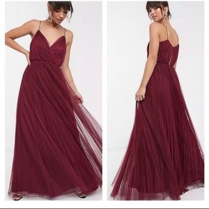 ASOS, Size 0, Burgundy/Maroon/Oxblood Pleated Tulle Maxi Dress